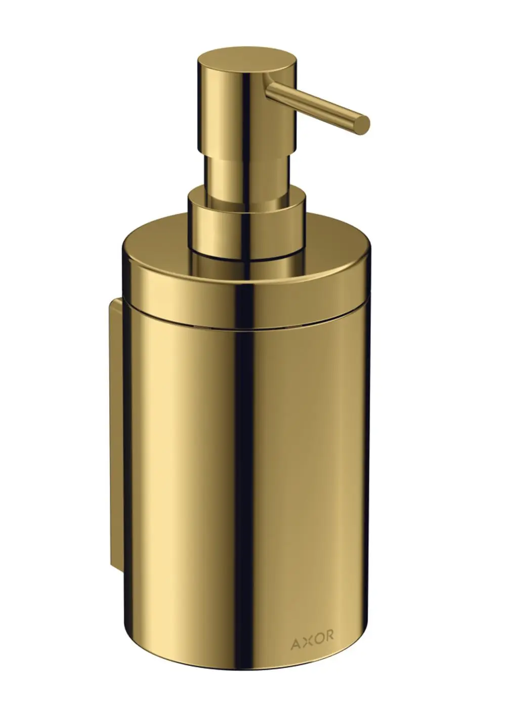Goldfarbener Lotionenspender mit Pumpe von AXOR, designorientiert, simple Form, an der Wand montiert. Ideal für Badezimmer oder Küchen.